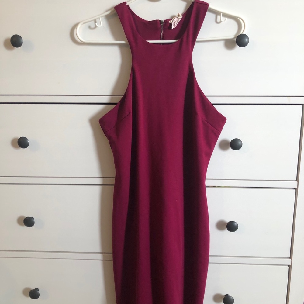 Maroon halter semi formal wedding guest dress